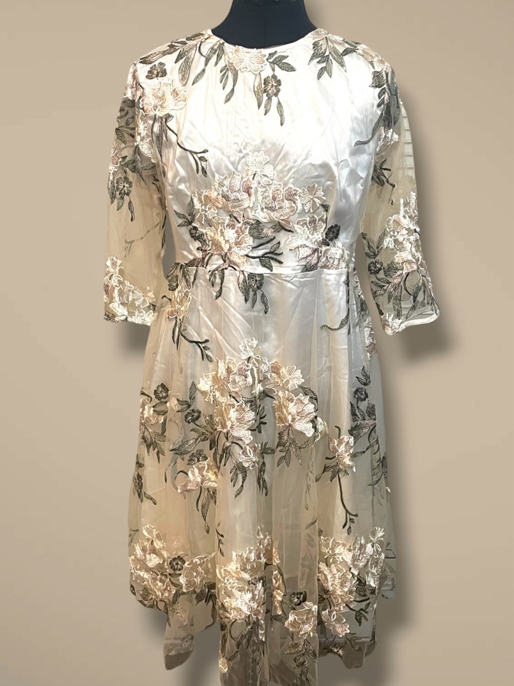 Ivory Pale Yellow Embroidered Floral Midi Dress with Sheer Overlay